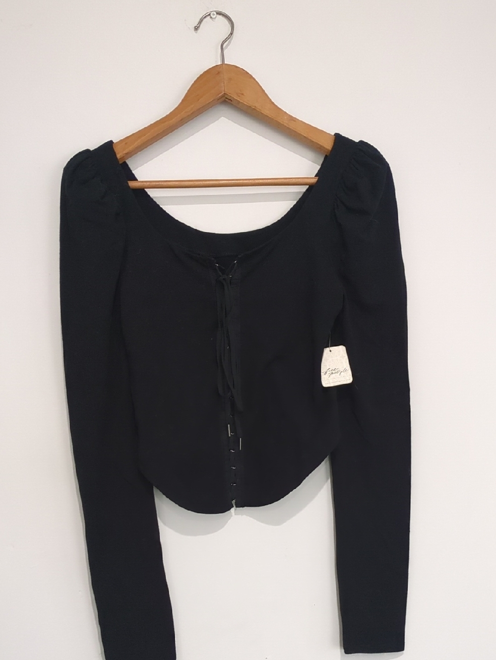 Free People Black Long Sleeve Scoop Neck Tie-Front Top